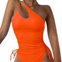 Eomenie Women's One Piece One Shoulder Swimsuit with Drawstring Tummy Control Bathing Suit Sexy High Cut Swim Suits (Neon Orange), XL
