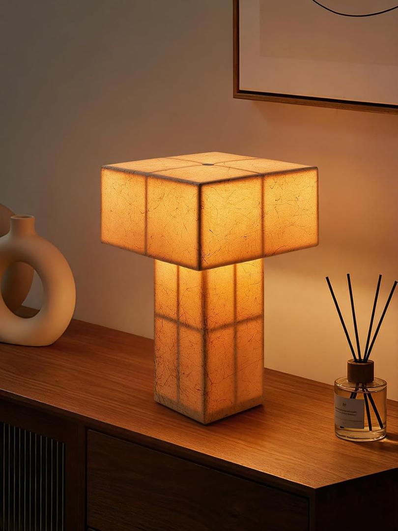 9.1''Mid Century Modern Table Lamp,Handmade Bedside Lamp with Dimmable,Cordless Rechargeable Lamp for Home Decor,LED Ambient Lighting for Nightstand,Living Room,Bedroom,Bulb Included(Yellow)