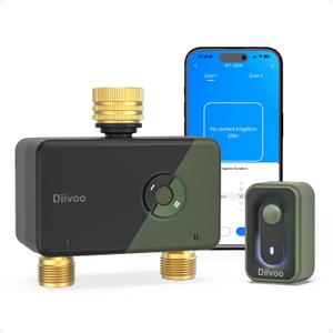 Diivoo 2 Zone WiFi Brass Sprinkler Timer, Smart Hose Water Timer with Remote APP Control, Compatible with Alexa & Google Home, 12 Irrigation Schedules, Rain Delay & Manual Mode for Garden, Lawn, Yard