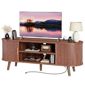 PRAISUN 54 Inch Fluted TV Stand for TVs up to 55 Inch, TV Media Console with Power Outlets and USB-C Port, Entertainment Center with Storage, Curved Sliding Doors, Adjustable Shelf, Brown