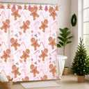 Geelin 13 Pcs Christmas Pink Gingerbread Shower Curtain Set for Bathroom Decor 72"w x 72"h Pink Cute Ginger Bread Candy Cane Shower Curtain with 12 Gingerbread Hooks for Christmas Bathroom Decoration
