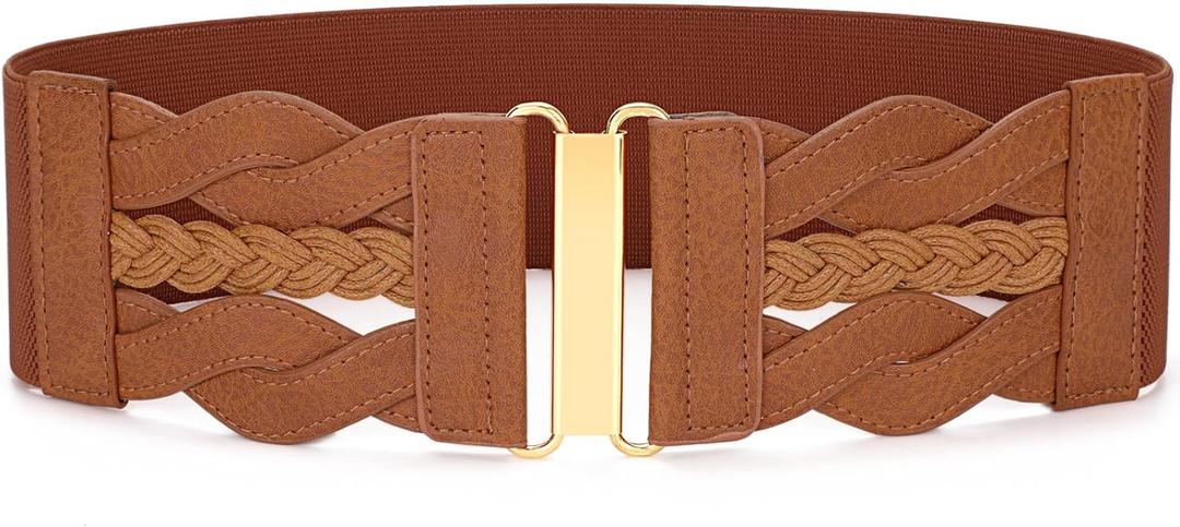 SANSTHS Vintage Stretchy Belt for Women, Womens Wide Elastic Belts for Dresses Coats, Fashion Womens Belts with Gold Buckle (S:Fits waist from 26"-29", Brown)