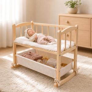 Woodtoe 2-in-1 Wooden Baby Doll Crib with Storage Basket, Fits to 20" Dolls, 21.3"L x 13.4"W x 17.8"H