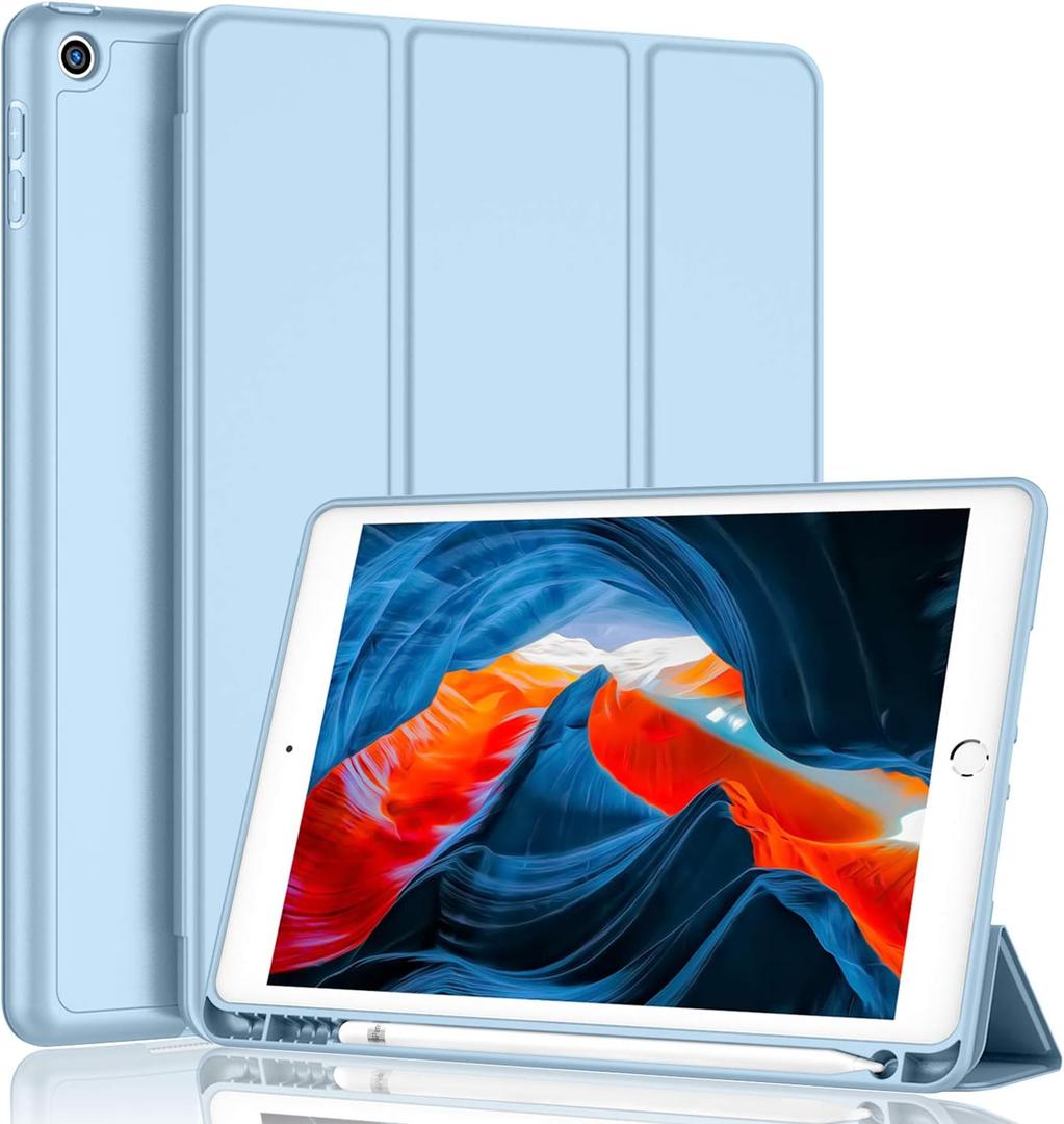 iPad 9th Generation Case 2021/iPad 8th Generation Case 2020 10.2 Inch with Pencil Holder, iPad 7th Gen 2019 Case with Soft Baby Skin Silicone Back, Auto Wake/Sleep Cover (Sky Blue)