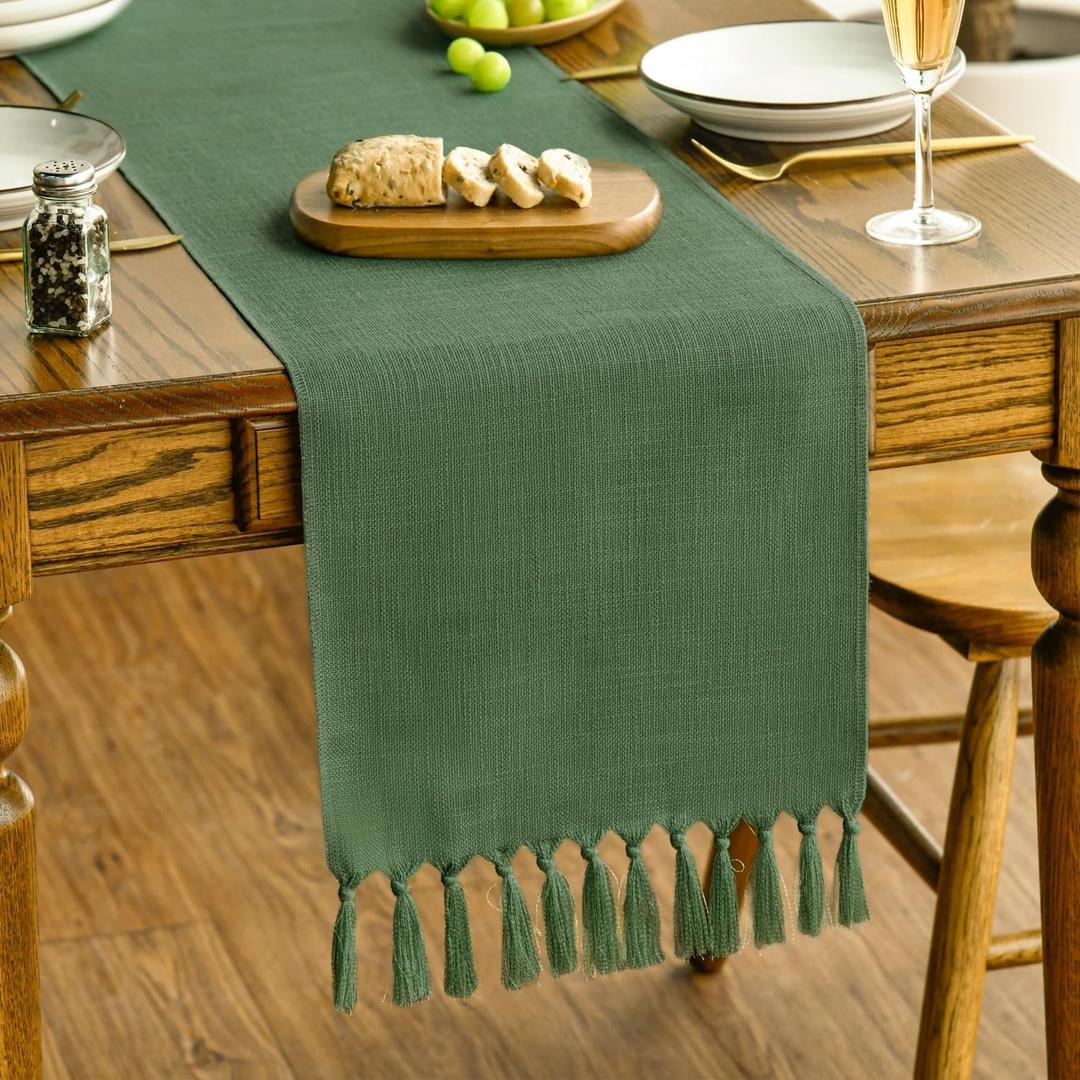 Artoid Mode Dark Green Tassel Table Runner, Linen Blend Rustic Farmhouse Style Kitchen Table Decoration Holiday Wedding Party Dinning Decor 13x90 Inch