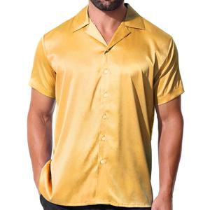 Mens Satin Shiny Cuban Shirts Luxury Short Sleeve Dress Button Down Stylish Solid Party Summer Business Shirt M