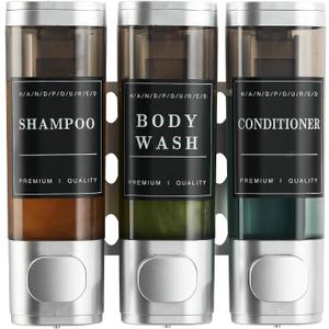 Shampoo and Conditioner Dispenser,Shower Dispenser 3 Chamber No Drill Wall-Mounted Shampoo Dispenser for Shower Wall Mounted Body Wash Dispenser for Bathroom Hotel Kitchen Large Capacity,Silver1