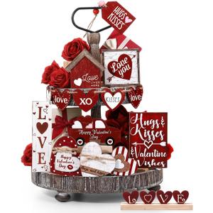 Marsui 19 Pcs Bold Rustic Valentine's Day Tiered Tray Decor Set, Farmhouse Red Heart Wood Signs with Love Xo Signs, Rustic Valentines Table Decor for Home Kitchen Living Room