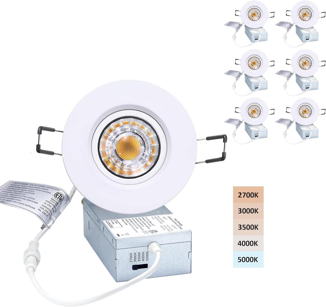 Canless Recessed Gimbal Downlight Rotatable-Spotlight 5 CCT 3 Inch Eyeball Ceilling Potlight, Dimmable Recessed Lights Fixture with Junction Box, 8W CCT Adjustable, White Round Trim, 6 Pack