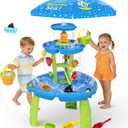 2026 Upgraded Water Table for Toddlers 3-5, 3-Tier Water and Sand Activity Sensory Playset with Water Pump & Umbrella, Summer Outdoor Kids Water Sensory Table, Rain Shower Splash Pond for Water Play