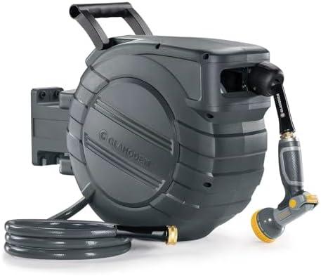 GLAHODEN Retractable Garden Hose Reel 1/2 in x 65 ft, 2025 Upgraded Dual Ratchet Lock UV & Freeze Protection Brass Seal Slow Retraction Anti-Tangle Hose 180°Swivel Reinforced Scaffold Wall Mount
