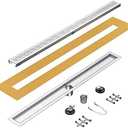 24 inch Linear Shower Drain with Square Hole Pattern Grate Cover, Brushed 304 Stainless Steel Bonding Flange Linear Drain, Low Profile Linear Shower Drain with Hair Strainer