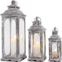 TRIROCKS Set of 3 Vintage Candle Lanterns 10/14/19.5''H Decorative Outdoor Lantern Metal Candle Holder with Tempered Glass for Home Living Room Garden Yard Parties Event Indoors Outdoors (Cement Grey)