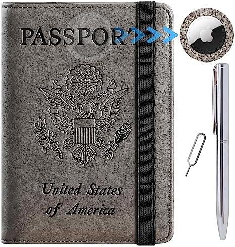 Airtag Passport Holder Cover Wallet Travel Essentials RFID Blocking Leather Card Case International Must Haves Travel Accessories for Women Men(119#Grey)