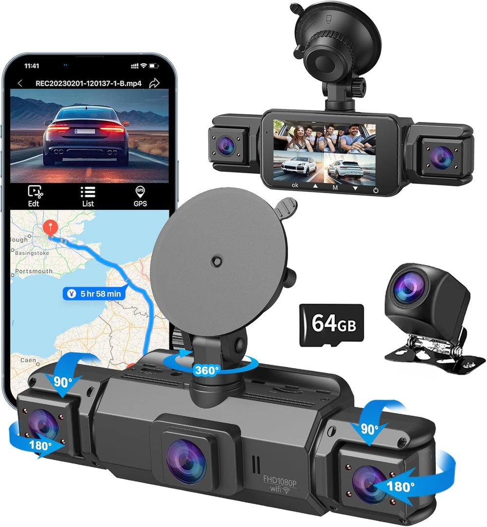 4 Channel Dash Cam, Front and Rear, 360 Dash Camera for Cars, 1080P FHD x4, Front 2K+1080P*2 Inside Camera, Built-in WiFi, GPS, Night Vision, 24/7 Recording Parking Mode Monitor, Free 64G Card