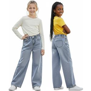 Girls Straight Leg Bootcut Ripped Baggy Jeans for 8-12 Y Old - Adjustable Stretch Waist Pull Up 5 Pockets Washed Denim Pants (Blue)