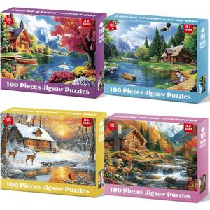 4-Pack 100 Piece Puzzles for Adults 4 Seasons Country Cottages, 15 x 10 inches