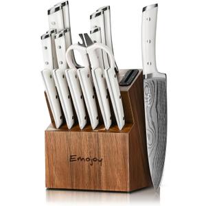 Knife Set, Emojoy 18-Pieces Kitchen Knife Set With Wooden Block, German Stainless Steel Knife Block Set With Built-In Sharpener, Professional Sharp Knives Set for Kitchen,White