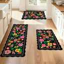Tinideya Easter Floral Kitchen Rug Set of 3 Boho Farmhouse Area Rugs Washable Door Mat for Entryway Kitchen Floor Bathroom Laundry Front Porch Cottage Core Decor 17"x47"+17"x29"(Black)