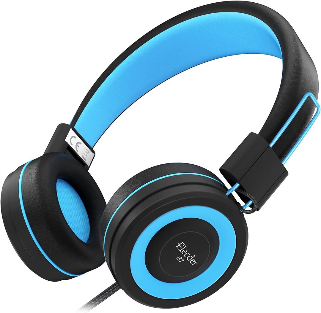 ELECDER i37 Kids Headphones Children Girls Boys Teens Foldable Adjustable On Ear Headphones 3.5mm Jack Compatible Cellphones Computer MP3/4 Kindle School Tablet Black/Blue