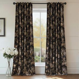 RYB HOME Brown Velvet Curtains 84 inches Long, Printed Floral Bird Vintage Design Home Decoration Thermal Insulated Room Darkening Drapes for Bedroom Living Room, W50 x L84 inches, 2 Panels