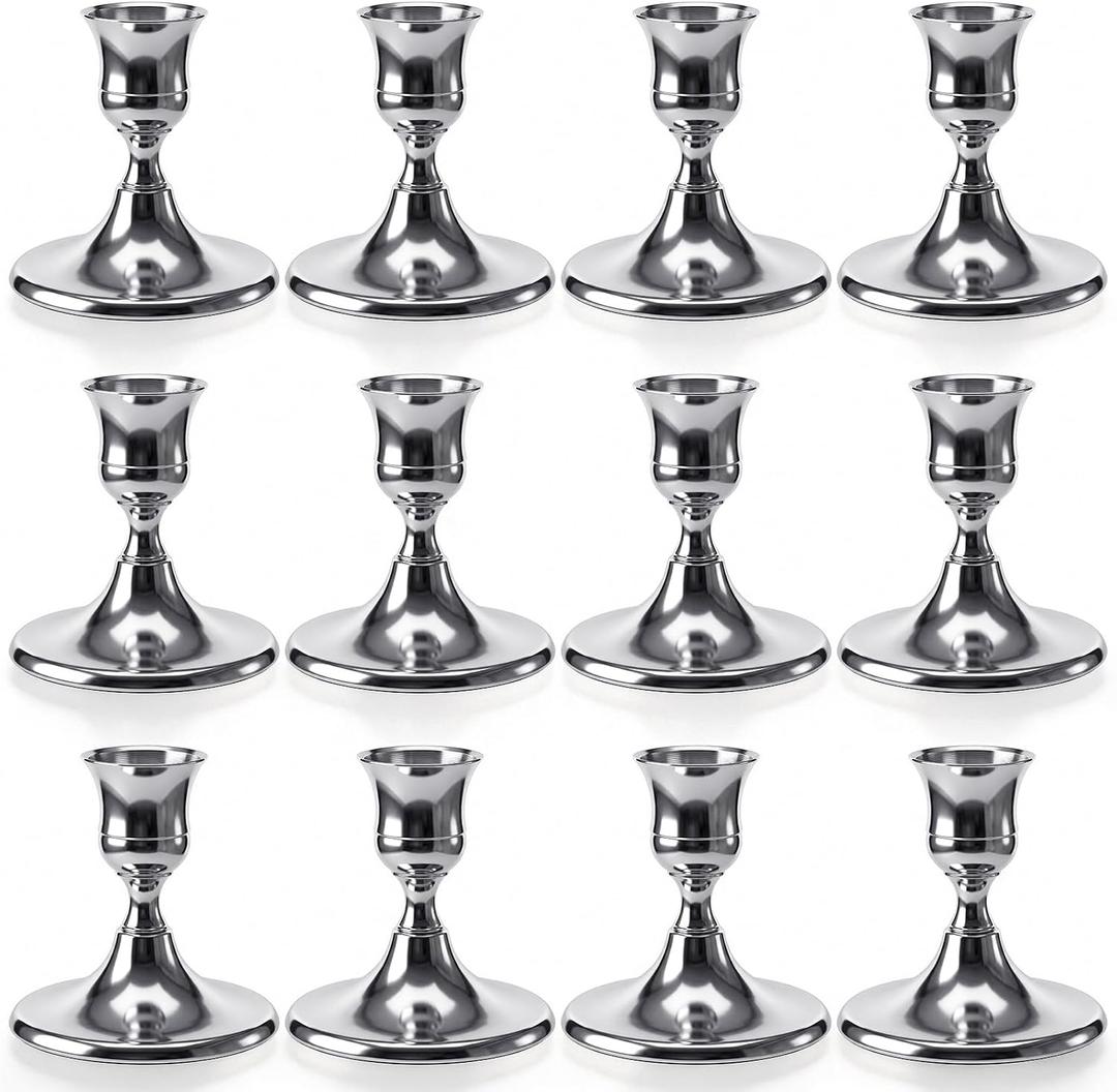 12 Pcs Silver Candle Holders Candlestick Holders, Silver Vintage Candle Taper Holder for Table Centerpiece, Wedding Reception, Festive Christmas Mantel Decoration Home Decor
