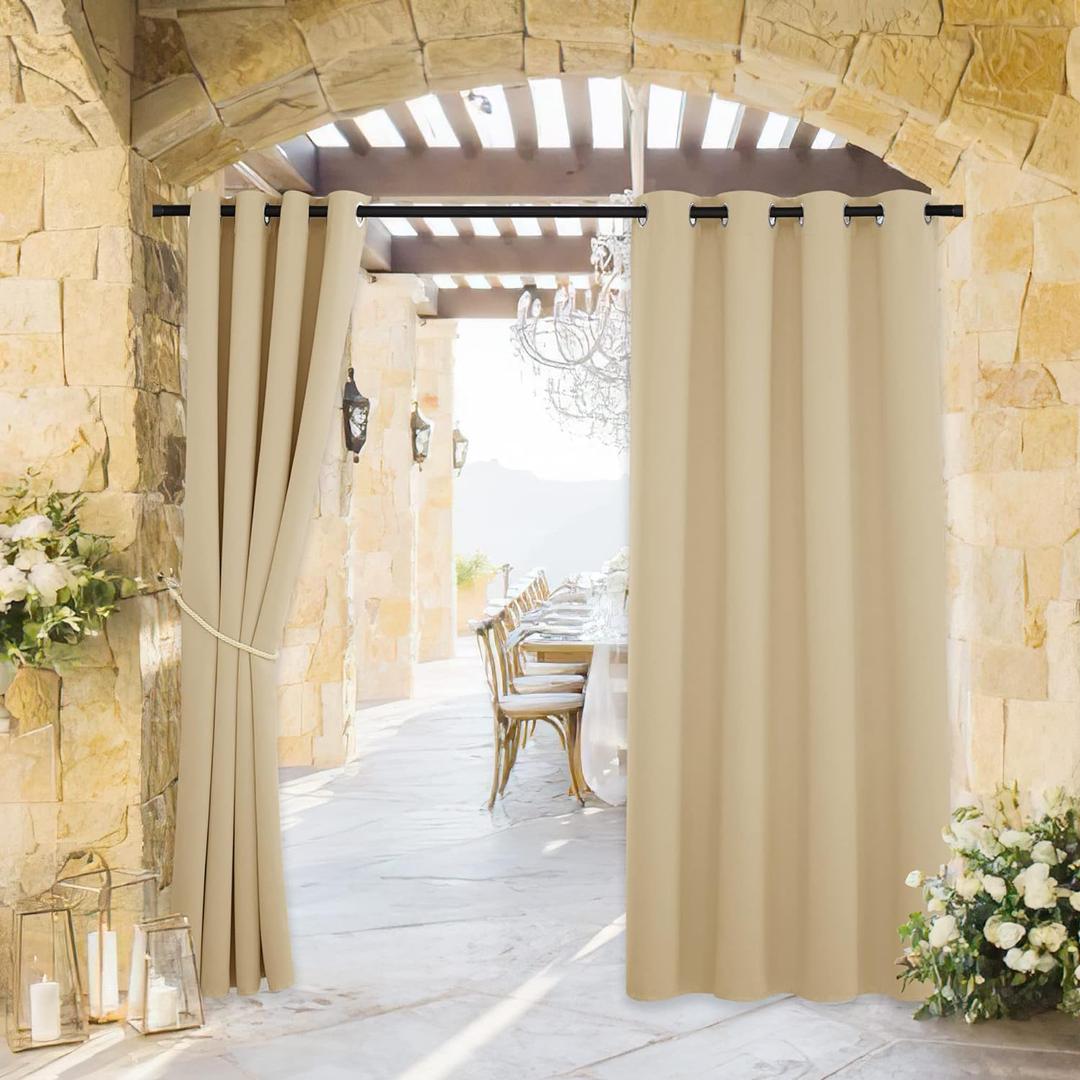 RYB HOME Outdoor Patio Curtains Waterproof, Blackout Weatherproof Porch Decor Thermal Insulated Outside Covering Privacy Shades for Gazebo Garden Deckc, W52 x L72 inches, Biscotti Beige, 1 Panel