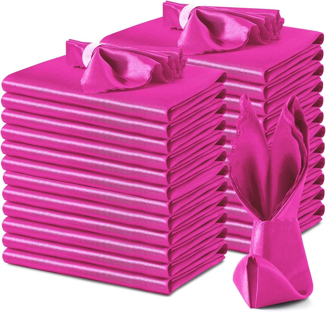 VACVELT 24 Pack Hot Pink Satin Dinner Napkins, 17x17 Inch, Scalloped Elegant Square Napkins for Restaurant Banquet Graduation Party