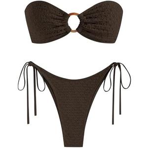 ZAFUL Women's Bandeau Bikini Strapless O Ring Lace Tie Back High Cut Two Piece Swimsuit Bathing Suits, (2-deep Brown, Medium)