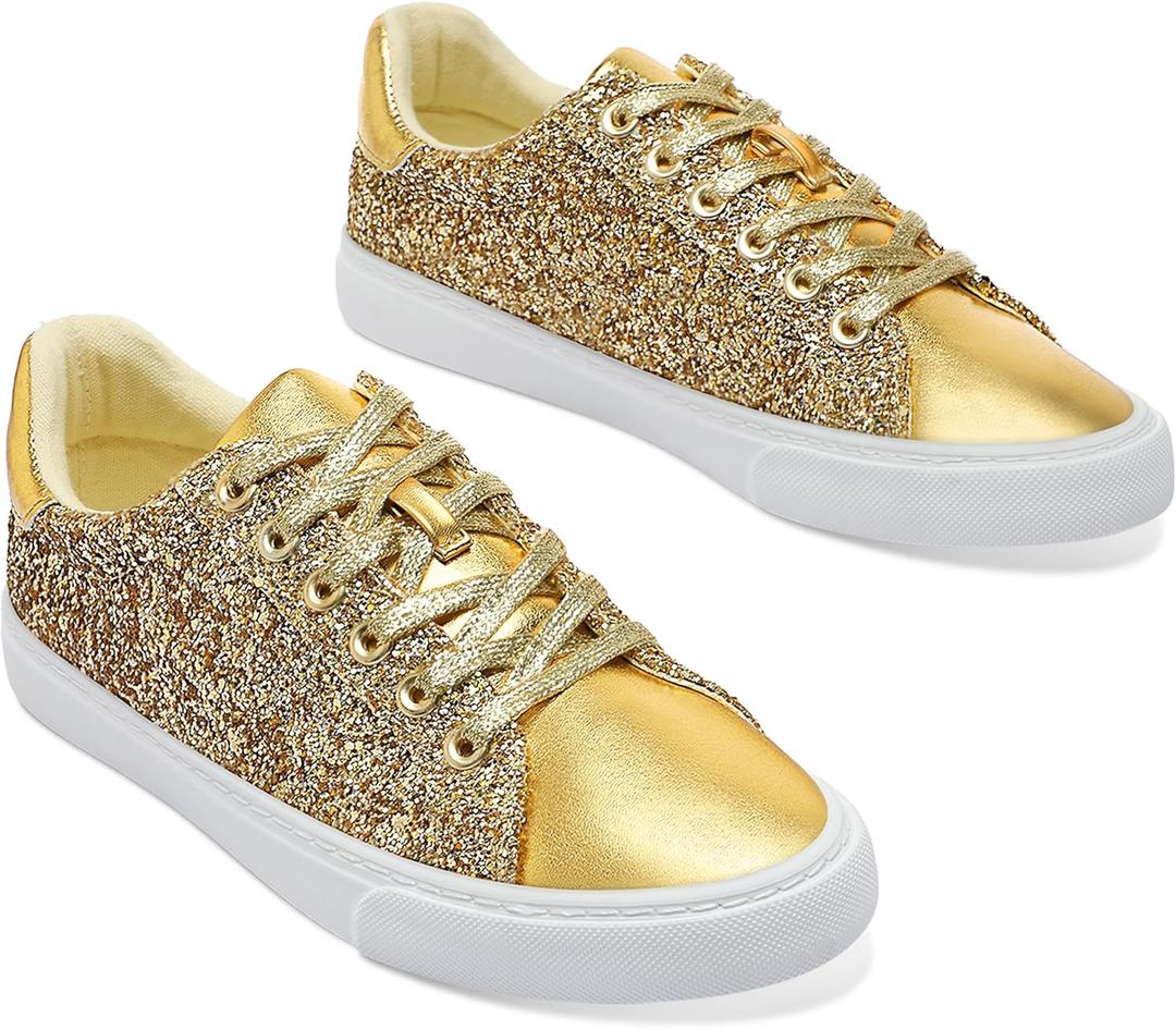 AISFAES Glitter Sparkly Low Top Sequins Lace Up Tennis Shoes Comfort Bling Fashion Shiny Walking Shoes (7 Women/6 Men)