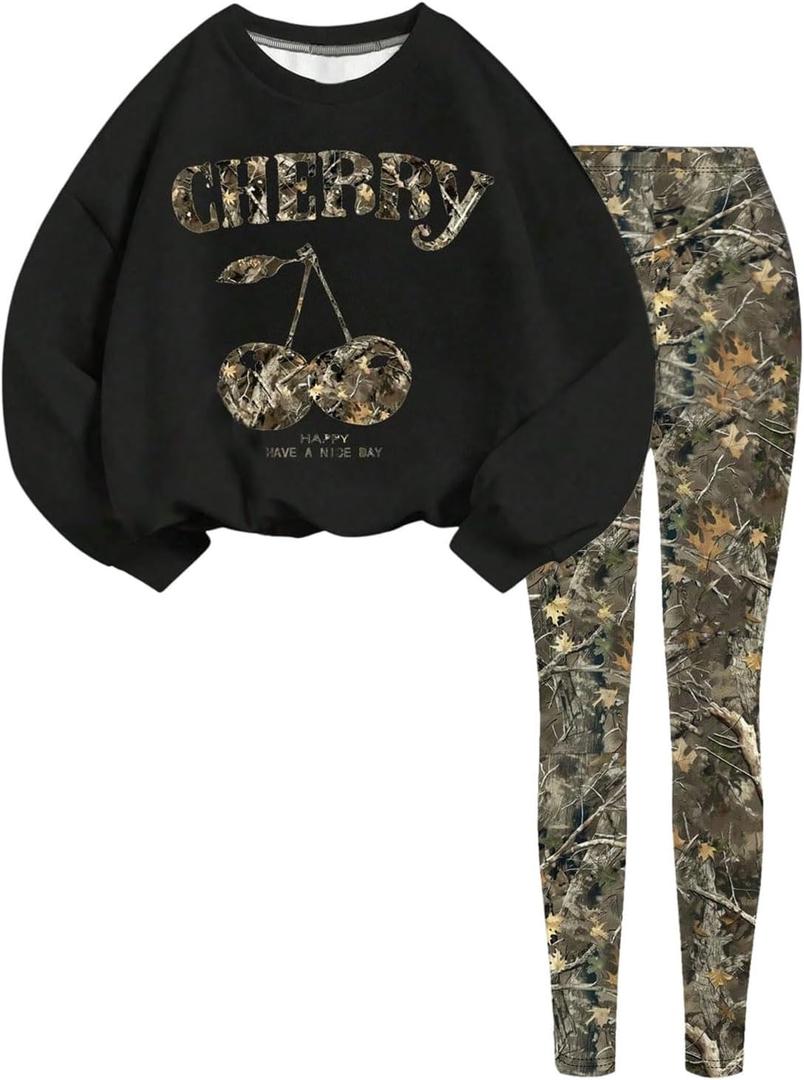 Girl's 2 Piece Camo Graphic Outfits Long Sleeve Crewneck Sweatshirt and Leggings Y2K Cute Streetwear (Black)