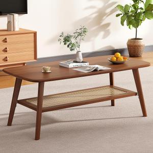 Coffee Table Small Solid Wood Center Table Mid Century Vintage Living Room Coffee Table, Walnut Rattan 39.37 Inch