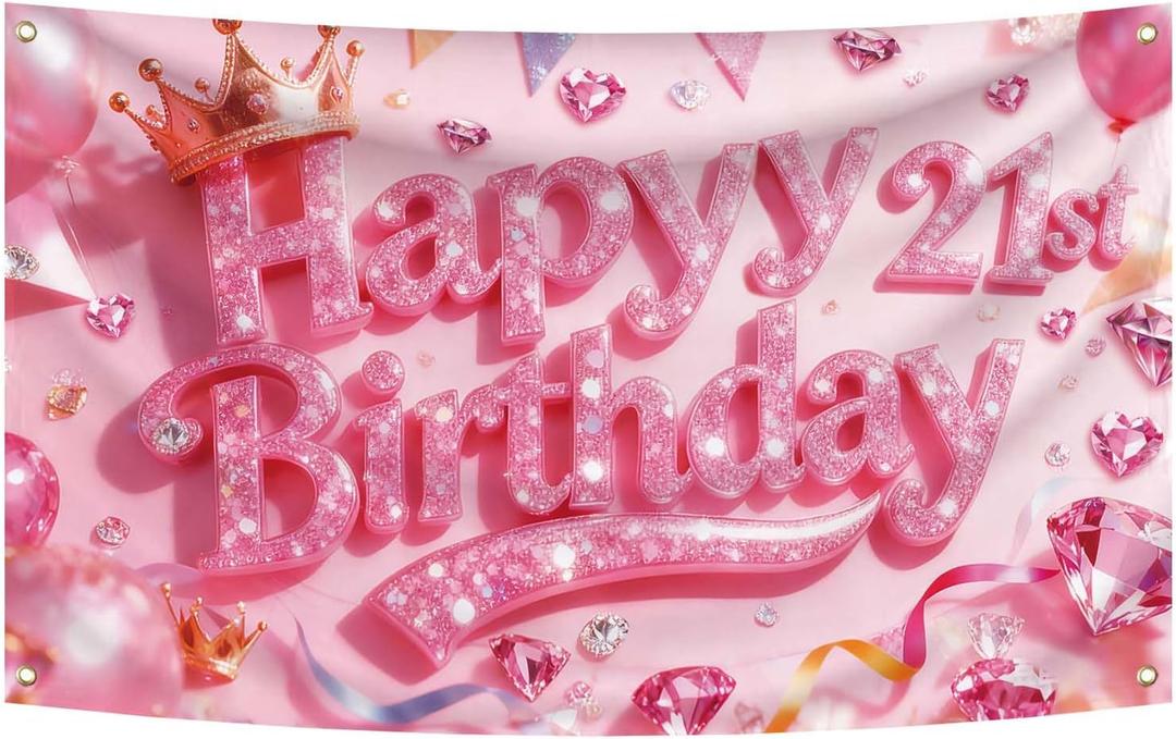 Happy 21st Birthday Decorations for Her Him,Pink Glitter Birthday Backdrop Banner,21 Year Old Bday Poster Background Photo Booth Props Decor(21)