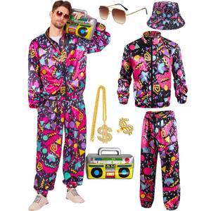 80s Outfit for Men Neon Baggy Tracksuit Set 90s Vintage Couples Costumes for Adults Women Retro Hip Hop Windbreaker 8PC (Medium, Black)