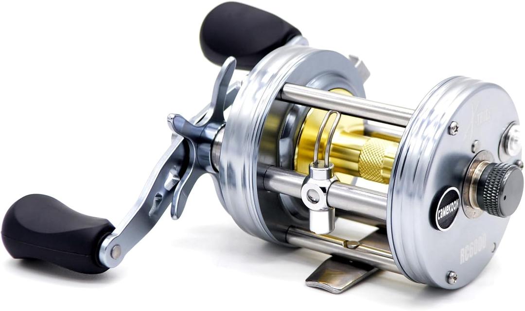 X-Tribe Round Baitcaster Fishing Reel, Centrifugal Braking System Casting Reel, Solid Brass Main and Pinion Gears, ON/Off Line Out Clicker, 4+1 Stainless Steel Ball Bearings, Double Grips