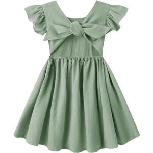 Toddler Girls Dress Cotton Linen Ruffle Backless Sleeveless Kids Casual Party Dresses (Green) Size 110