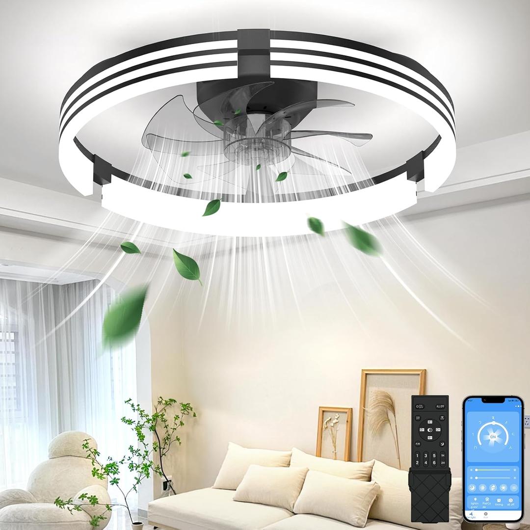 Ceiling Fans with Lights and Remote, 19.7" Black Low Profile Ceiling Fan, Modern Flush Mount LED Fan Light, 6 Wind Speeds Fandelier Ceiling Fan with Light for Bedroom, 3000-6500K Dimmable