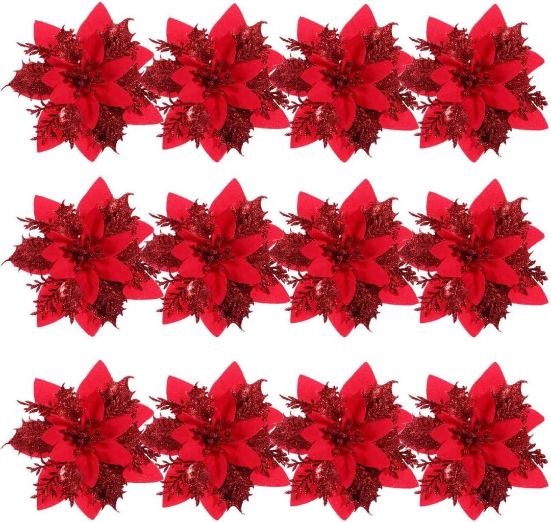NUOBESTY Christmas Glitter Poinsettia Flowers Artificial Flowers for Christmas Tree Decorations Red Wreath Florals with Stems and Clips 12 Pack