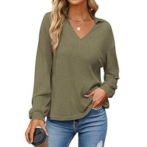 KIRUNDO Long Sleeve Shirts for Women 2025 Fall Fashion Outfits Going Out Tops Collar V Neck Blouses Ribbed Knit Loose Tunic(Army Green, X-Large)