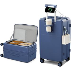 Hanke 24 Inch Expandable Checked Luggage, Medium Trunk Luggage
Top Opening Hard Shell Suitcase with Cup Holder, USB Ports, 8 Spinner Wheels, TSA Lock, wet/dry pockets, Interstellar Blue