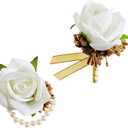 SITUMEIZI 2Pcs Corsage and Boutonniere Set Corsage Wristlet for Prom Decor Boutonniere for Men Wedding Flowers Accessories Party Suit Decoration(Platinum)