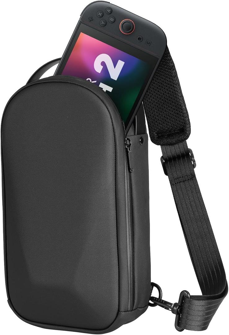 MoKo Shockproof Sling Crossbody Bag for Nintendo Switch 2, Black | Hard EVA Against Impacts, Adjustable Straps Easy to Carry, Breathable Mesh Back Extend Wear, 8 Game Slots, fit Steam Deck