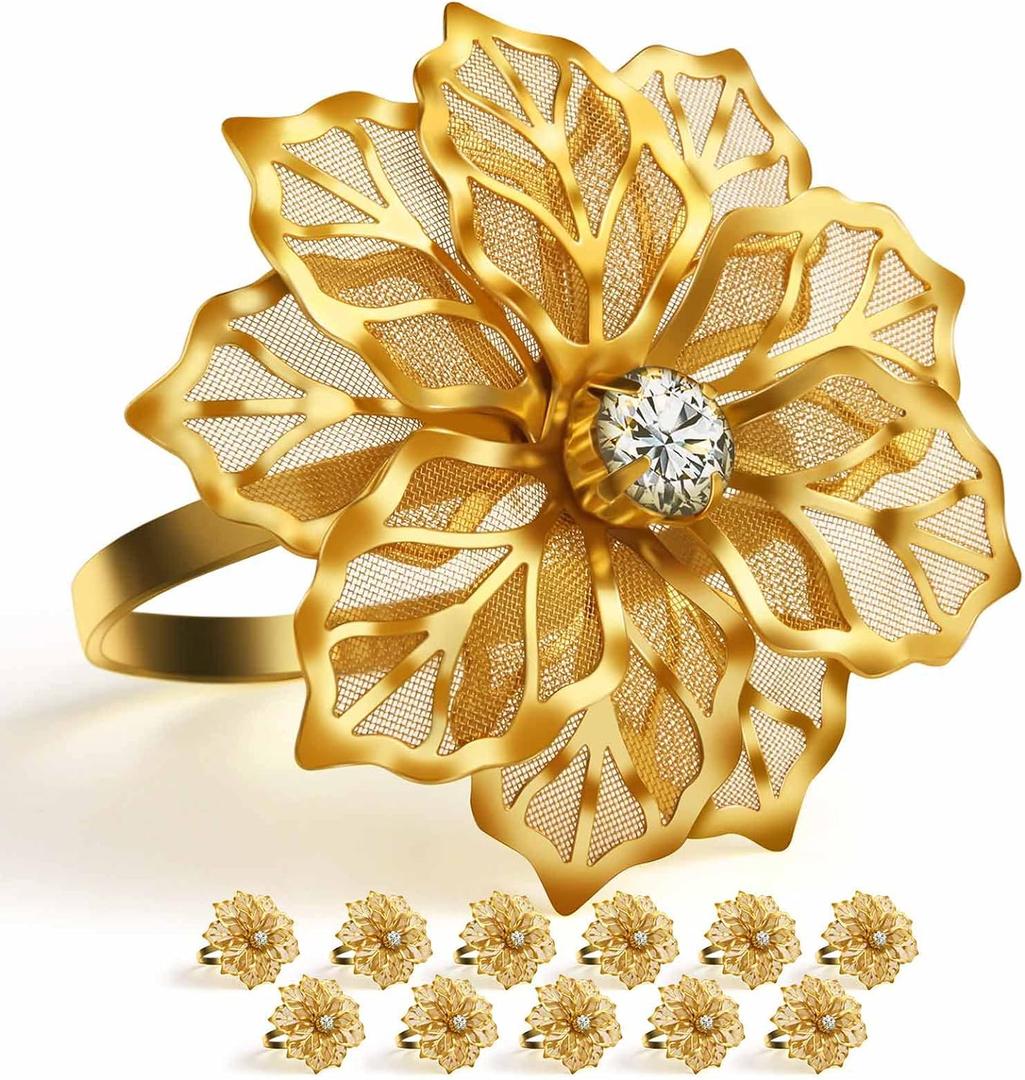 12 Pack Flower Napkin Rings Holders Clear Rhinestone Dcor Dinner Party Wedding Christmas Gathering