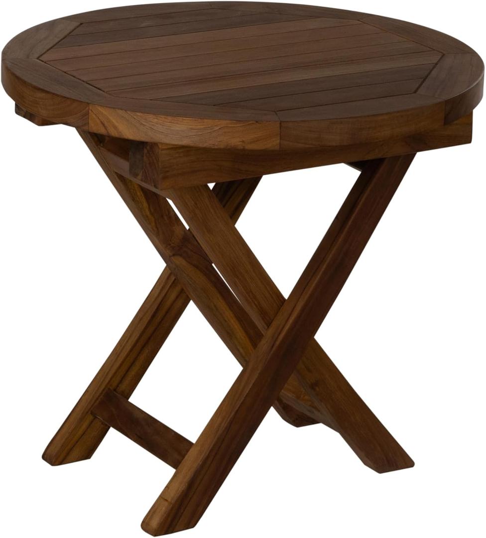 Teak Wood Folding Round Side Table, Teak Oil Finish for Camping & Outdoor Entertaining, Ideal End Table for Backyard, Porch, Balcony (20" D x 20" W x 18" H)