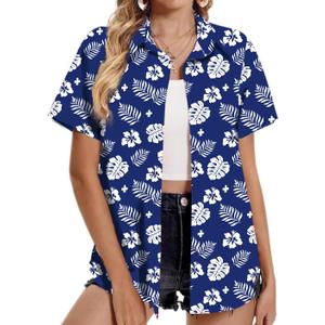 Women Hawaiian Shirt Soft Cool Summer Hawaii Tshirts Beach Tropic Print V Neck Button up Tops Floral Short Sleeve Tops (Blue, XXL)