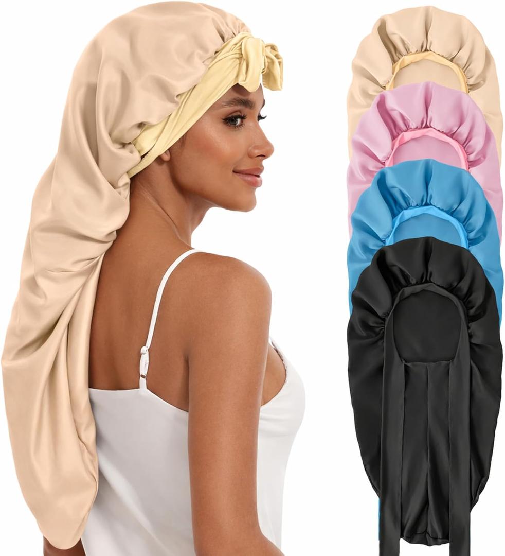 DEMAZALO Silk Long Bonnet for Braids & Curly Hair, Silk Satin Bonnet for Sleeping, Extra Large Bonnets for Women Braid