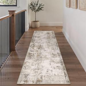 2x8 Washable Runner Rug Brown Grey Abstract Hallway Kitchen Throw Rug Neutral Modern Non Slip Soft Low Pile Carpet for Bathroom Laundry Bedroom Living Room