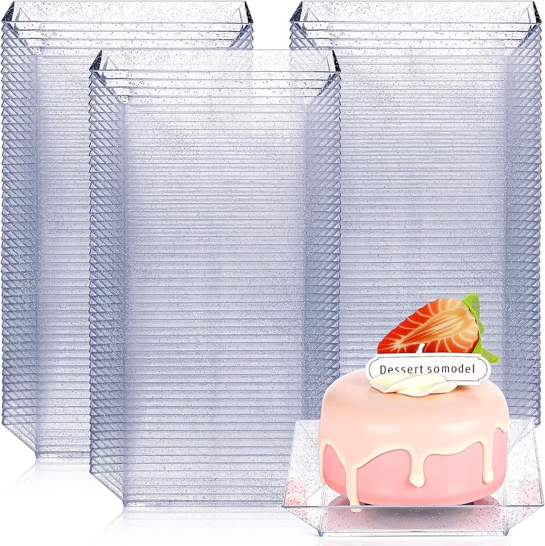 Zhehao 100 Pcs Plastic Dessert Appetizer Plates Disposable, 3.6 x 3.6 Inch Small Square Plastic Dessert Cake Snack Plate for Wedding Birthday Bridal Baby Shower All Occasion Party (Silver Clear)