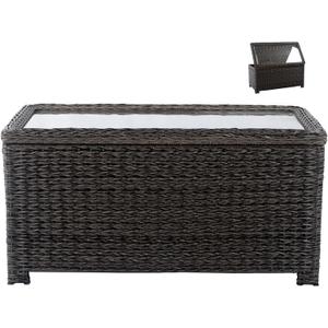 Classic Wicker Patio Coffee Table with Storage, 40'' All-Weather Rattan Outdoor Coffee Tables, Tempered Glass Flip-Top, Waterproof for Porch Backyard, Dark Brown