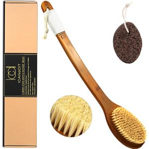 ICANdOIT-17.71Inch Natural Stiff Sisal Bristles Anti-Slip Long Handle Bath Brush,Bent Handle Shower Scrubber for Exfoliating,Shower Back Brush,Exfoliation Set with Pumice Stone(1 Pack)